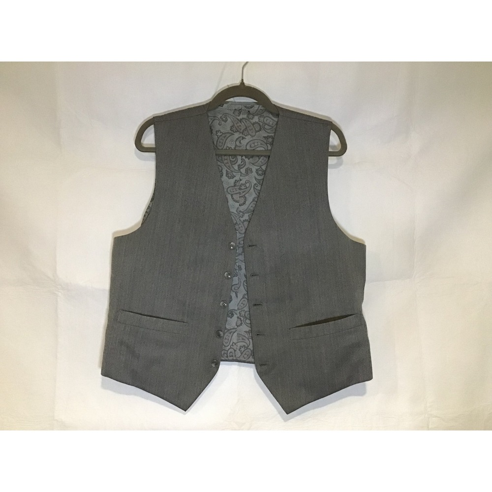 Mens M Gray Herringbone Suit Vest Paisley Lining Formal Waistcoat Classic Fit